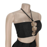 Women Sexy Metal Button Top and Pants Two Piece Set
