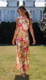 Women Sexy Lace-Up Halter Neck Lace Backless Print Maxi Dress