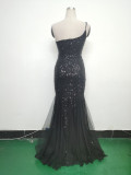 Sexy One Shoulder Sequins Mesh Patchwork Evening Dress