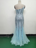Sexy One Shoulder Sequins Mesh Patchwork Evening Dress