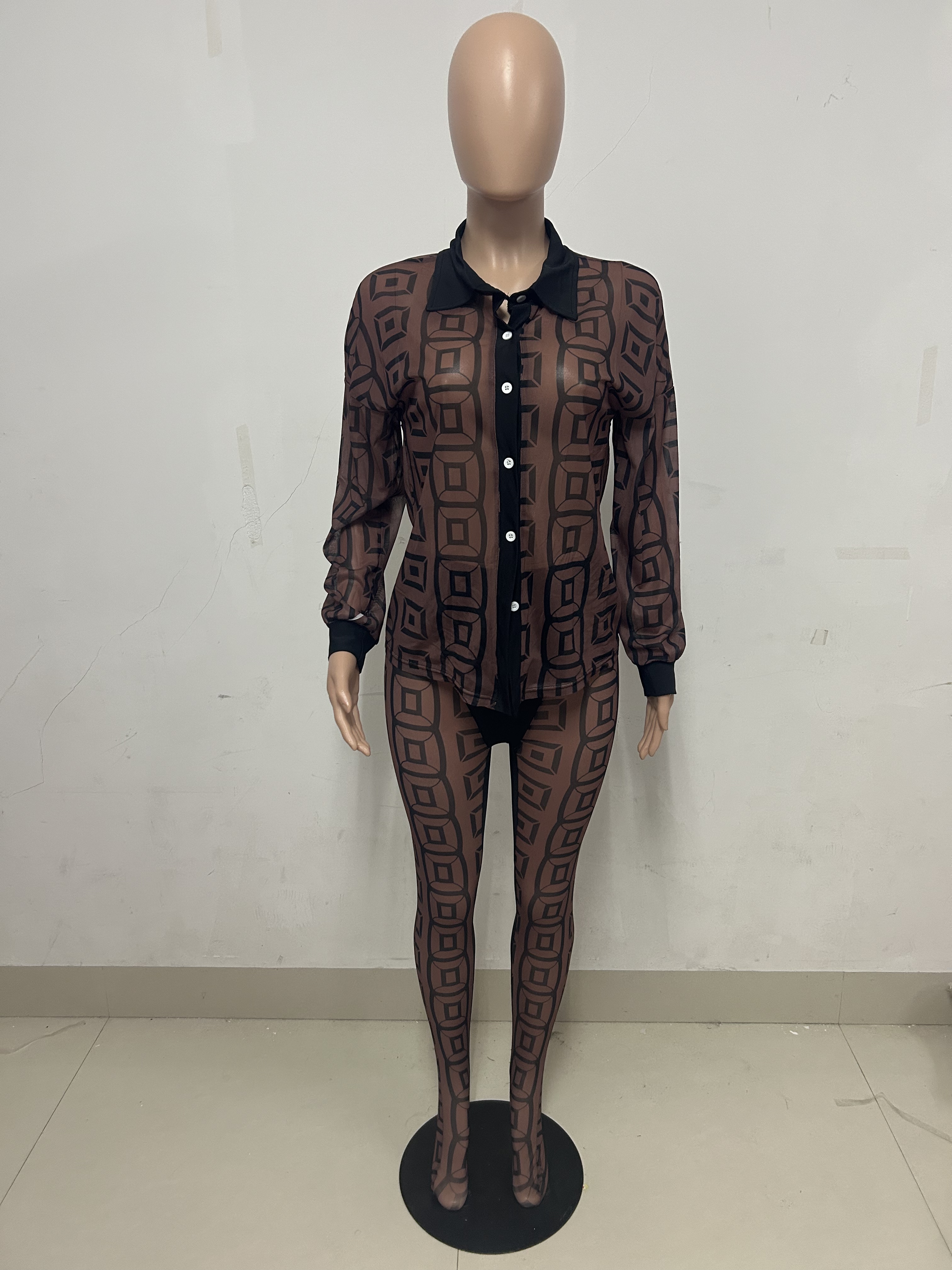 Spring Summer Print Mesh See-Through Shirt And Trousers Two Piece Set