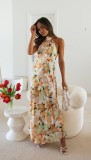 Women Sexy Lace-Up Halter Neck Lace Backless Print Maxi Dress