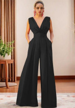 Women v-neck French wide-leg jumpsuit