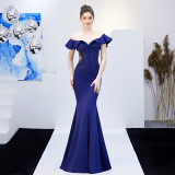 Women Red Off Shoulder Fishtail Evening Dress