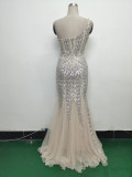 Sexy One Shoulder Sequins Mesh Patchwork Evening Dress