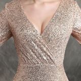 Women Formal Party Elegant Long Sleeve Sequin Fishtail Evening Dress