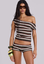 Women Summer Sexy Slash Shoulder Striped Top and Shorts Two Piece Set Women Summer Sexy Slash Shoulder Striped Top and Shorts Two Piece Set