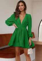 Women V Neck Pleated Long Sleeve Dress Women V Neck Pleated Long Sleeve Dress