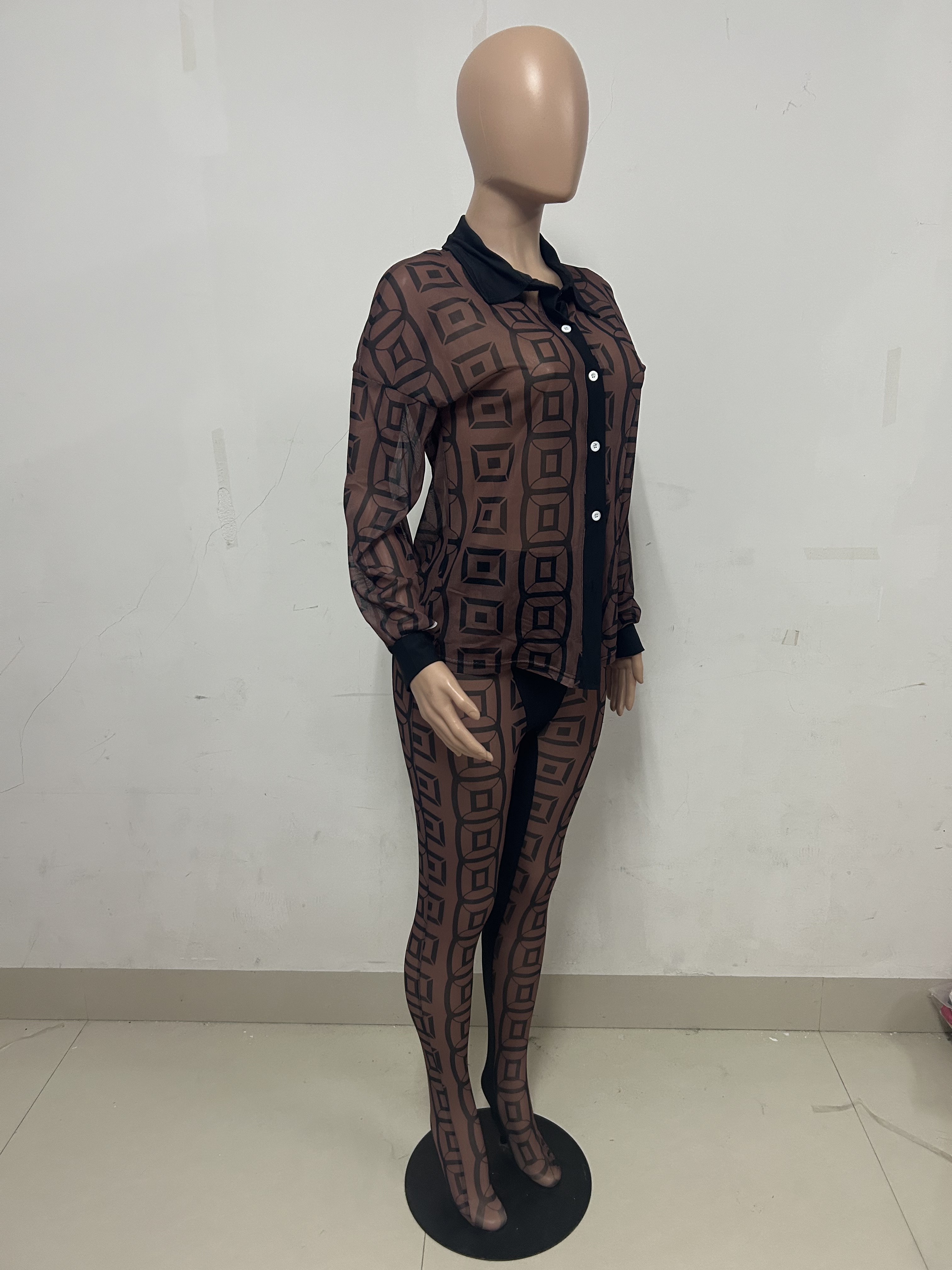 Spring Summer Print Mesh See-Through Shirt And Trousers Two Piece Set