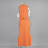 Women Orange Sleeveless Top and Skirt Casual Two Piece Set