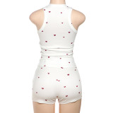 Women Summer Heart Print Vest Shorts Two Piece Set