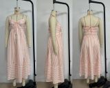 Women Summer V-Neck Striped Strap Dress