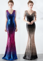 Women Gradient Color Crystal Diamond Chain Sexy Evening Dress