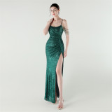 Sexy Low Back Fishtail Sequin Evening Dress Beaded Slim Dinner Gown