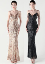 Sequin Beaded Fishtail Evening Dress Deep V Neck Formal Party Gown