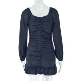 Loose Pleated U Neck Low Back Long Sleeve Dress Casual Comfort
