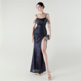 Sexy Low Back Fishtail Sequin Evening Dress Beaded Slim Dinner Gown