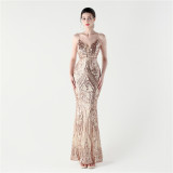 Sequin Beaded Fishtail Evening Dress Deep V Neck Formal Party Gown