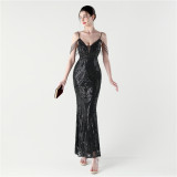 Sequin Beaded Fishtail Evening Dress Deep V Neck Formal Party Gown