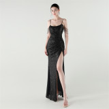 Sexy Low Back Fishtail Sequin Evening Dress Beaded Slim Dinner Gown