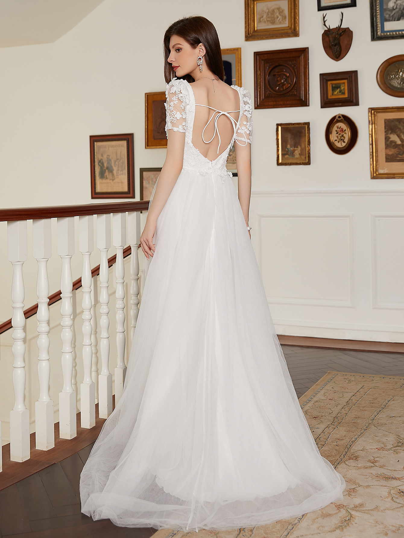 White Lace Patchwork Wedding Dress Long Formal Party Gown