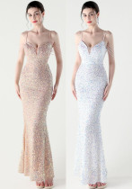 Sequin Beaded Wedding Party Dress Slim Long Evening Gown for Dinner Events