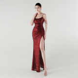 Sexy Low Back Fishtail Sequin Evening Dress Beaded Slim Dinner Gown