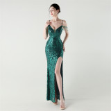Low Back Sequin Evening Dress High Slit Slim Dinner Party Gown