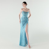 Sexy Low Back Fishtail Sequin Evening Dress Beaded Slim Dinner Gown