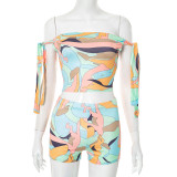 Women Spring and Summer Multi-Color Printed Off Shoulder Lace-Up Crop Top and ShortsTwo Piece Set