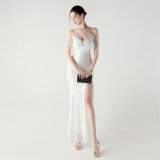 Low Back Sequin Evening Dress High Slit Slim Dinner Party Gown