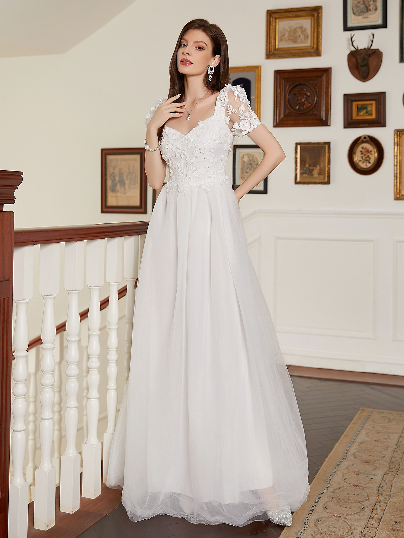 White Lace Patchwork Wedding Dress Long Formal Party Gown