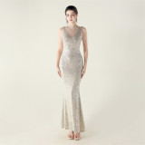 High Neck Fishtail Sequin Crystal Evening Dress Wedding Formal Party Gown