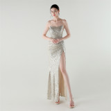 Sexy Low Back Fishtail Sequin Evening Dress Beaded Slim Dinner Gown