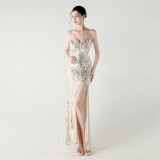 Low Back Sequin Evening Dress High Slit Slim Dinner Party Gown