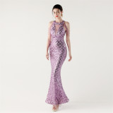 Sequin Fishtail Evening Dress Beaded Chain Formal Gown