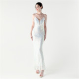 Sequin Beaded Fishtail Evening Dress Deep V Neck Formal Party Gown