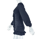 Loose Pleated U Neck Low Back Long Sleeve Dress Casual Comfort
