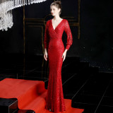 Women Formal Party Elegant Long Sleeve Sequin Fishtail Evening Dress