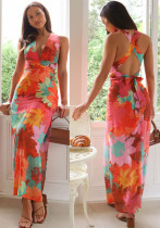 Chic V Neck Printed Lace Casual Summer Midi Dress