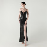 Low Back Sequin Evening Dress High Slit Slim Dinner Party Gown