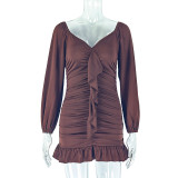 Loose Pleated U Neck Low Back Long Sleeve Dress Casual Comfort