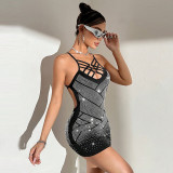 Beaded Cross V-neck Strap Sexy Tight Fitting Black Dress
