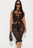 Lace Hollow Out Tie Front Vest High Waist Shorts Sexy Summer Two Piece Set