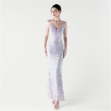 Sequin Beaded Fishtail Evening Dress Deep V Neck Formal Party Gown