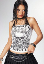 Summer Gothic Skull Print Strap Top Y2K Street Style Slim Vest Summer Gothic Skull Print Strap Top Y2K Street Style Slim Vest