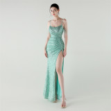 Sexy Low Back Fishtail Sequin Evening Dress Beaded Slim Dinner Gown