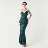 Sequin Beaded Fishtail Evening Dress Deep V Neck Formal Party Gown
