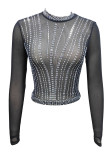 Black See Through Mesh Beaded Top Women’s Blouse