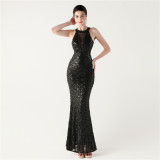 Halter Neck High Neck Hollow Fishtail Sequin Evening Dress Formal Party Gown
